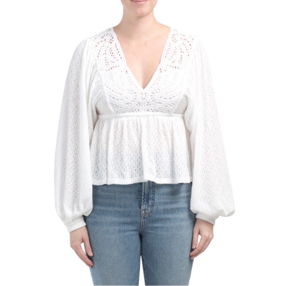FREE PEOPLE Sweater Lace Trim V-Neck Knit Crop
